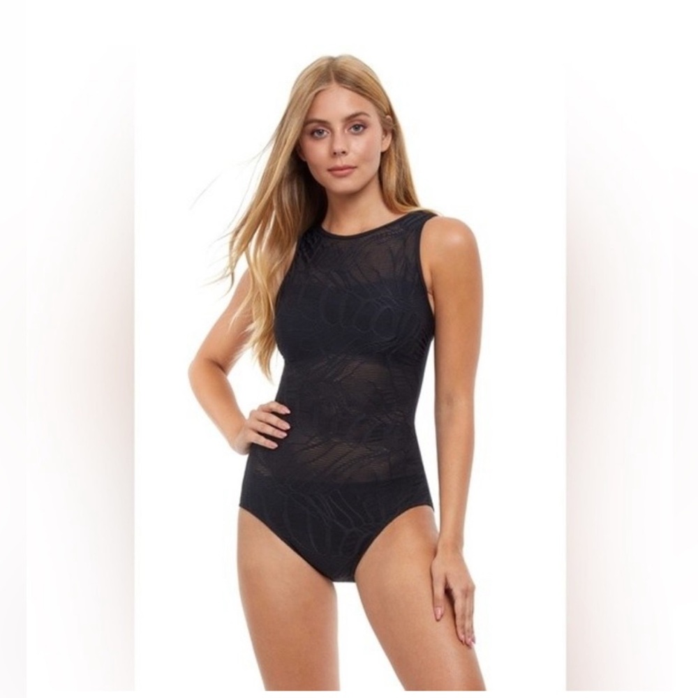 Gottex Profile Black One Piece Lace Swimsuit New Sheer Cut out Full Coverage